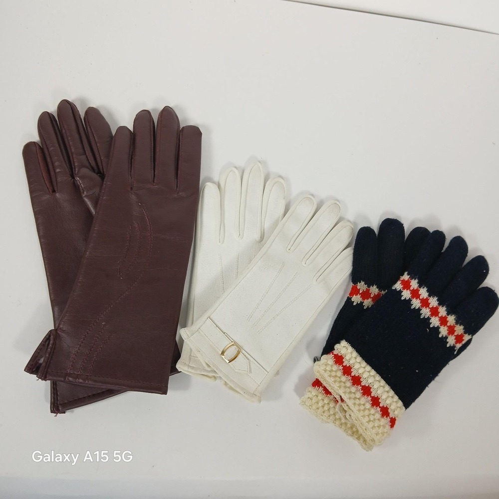 Vintage Women's Gloves Lot Of 3 Pairs White Gold Buckle Brown Black Knit